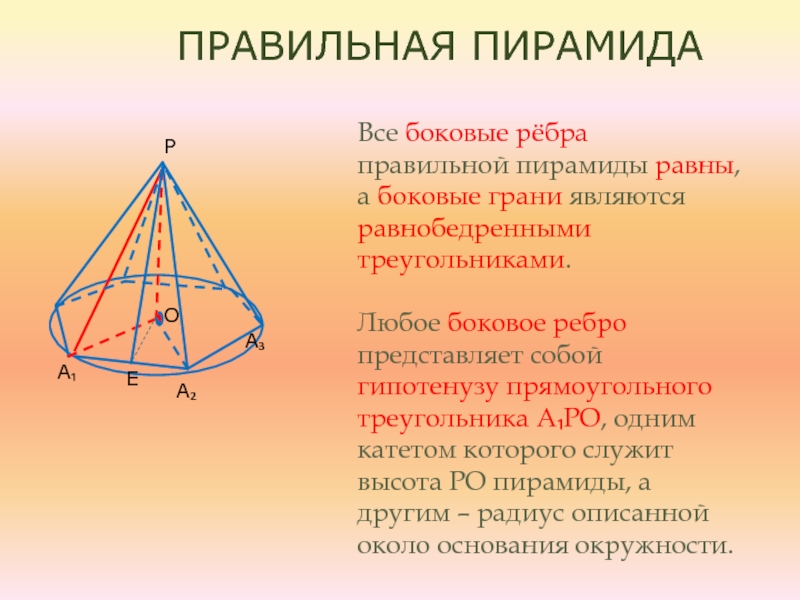 Все боковые рёбра правильной пирамиды равны, а боковые грани являются равнобедренными треугольниками. Любое боковое ребро представляет собой