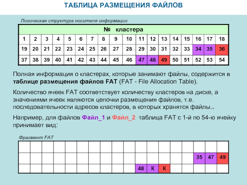 ТАБЛИЦА РАЗМЕЩЕНИЯ ФАЙЛОВПолная информация о кластерах, которые занимают файлы, содержится в таблице размещения файлов FAT (FAT -