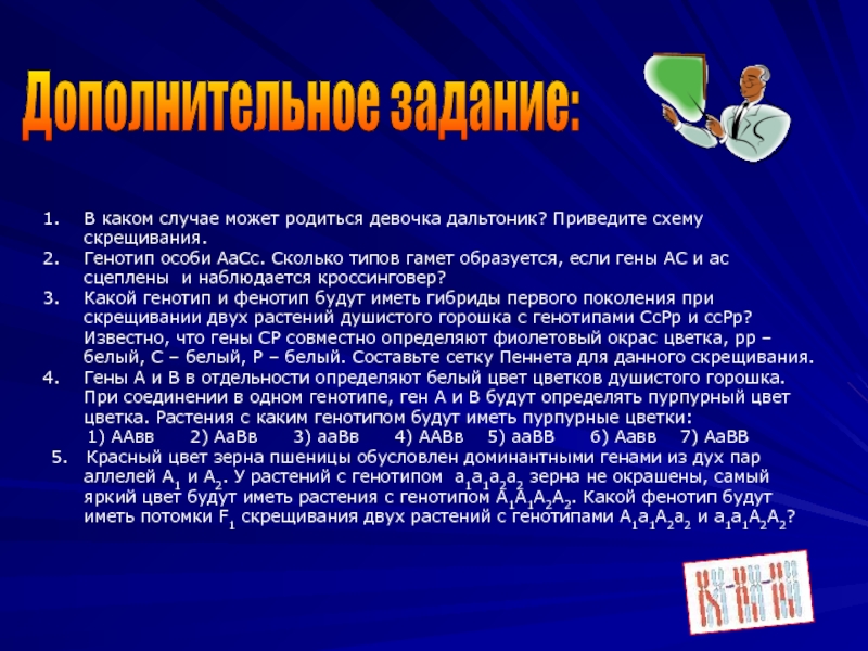 Дополнительное задание: В каком случае может родиться девочка дальтоник? Приведите схему скрещивания.Генотип особи АаСс. Сколько типов гамет