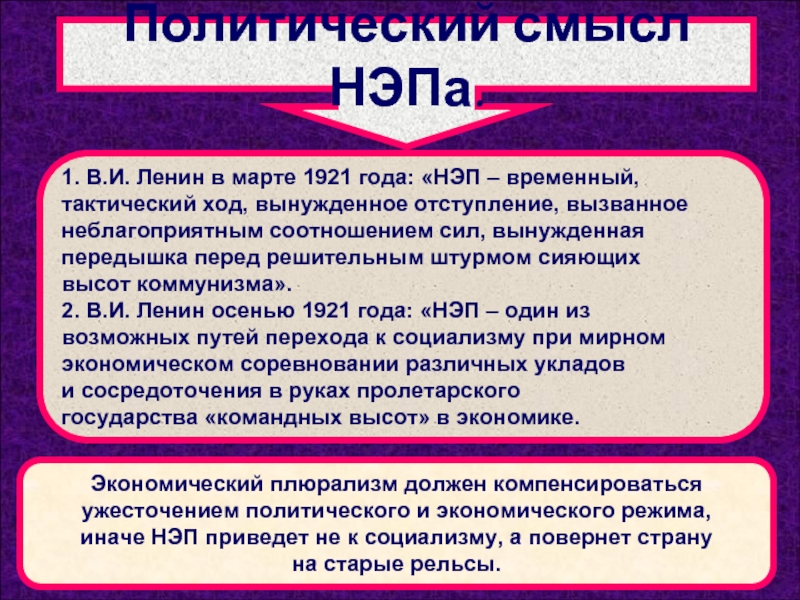 Политический смысл НЭПа.1. В.И. Ленин в марте 1921 года: «НЭП – временный, тактический ход, вынужденное отступление, вызванное