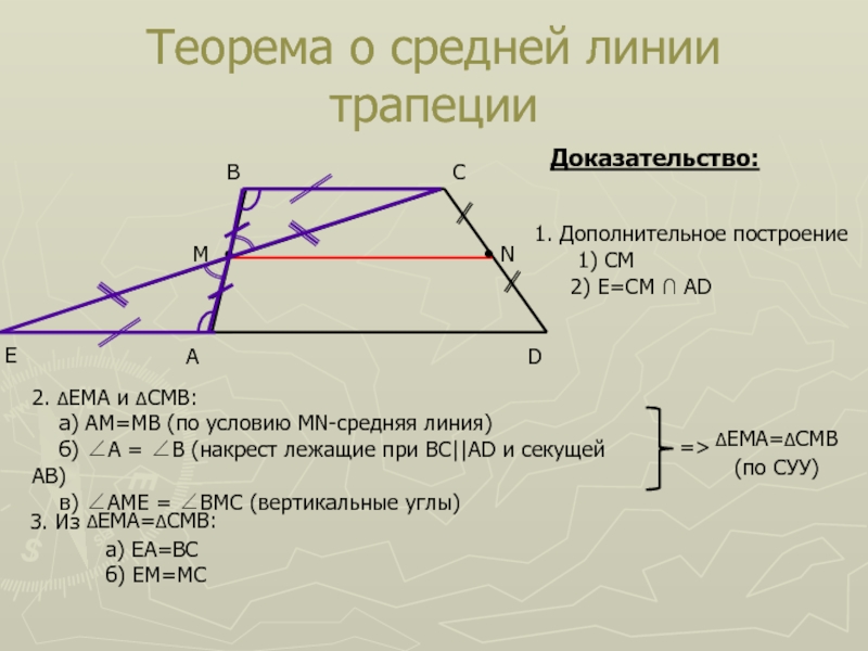 Теорема о средней линии трапецииADBCДоказательство:Е1. Дополнительное построение	1) CM2. ΔEMA и ΔCMB:  а) AM=MB (по условию MN-средняя