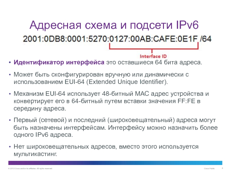 Адресация IPv6 Адресная схема и подсети IPv6Идентификатор интерфейса это оставшиеся 64 бита адреса.Может Адресная схема и подсети IPv6Идентификатор интерфейса это оставшиеся 64 бита адреса.Может быть сконфигурирован вручную или динамически с