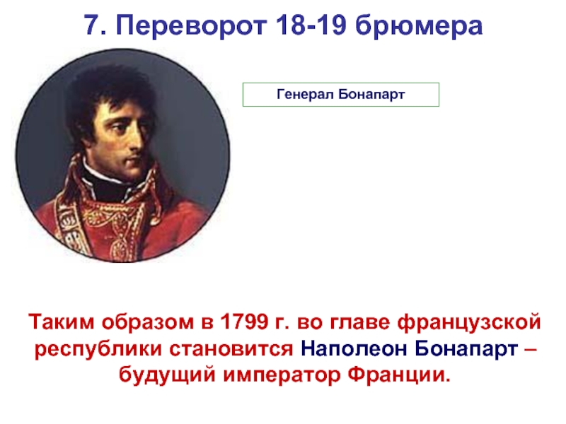 7. Переворот 18-19 брюмераТаким образом в 1799 г. во главе французской республики становится Наполеон Бонапарт – будущий