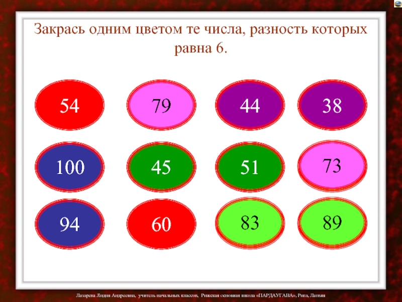 Разность чисел равна 6. Цвета в числах. Цифры одного цвета. Числа по цветам. Числа разность которых равна 6.