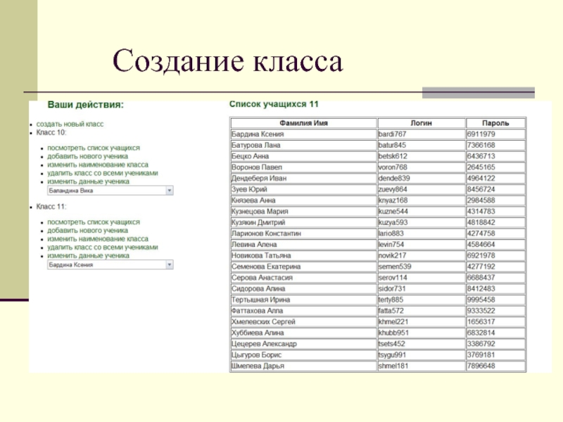 Имена и фамилии учеников. Список учеников. Создание класса. Список учащихся 5 класса. Список учеников всех классов.