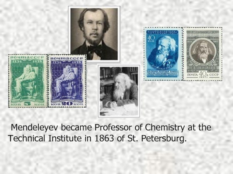 Mendeleyev became Professor of Chemistry at the Technical Institute in 1863 of St. Petersburg.