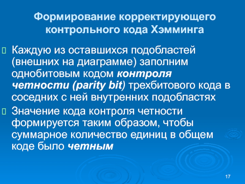 Формирование корректирующего контрольного кода ХэммингаКаждую из оставшихся подобластей (внешних на диаграмме) заполним однобитовым кодом контроля четности (parity