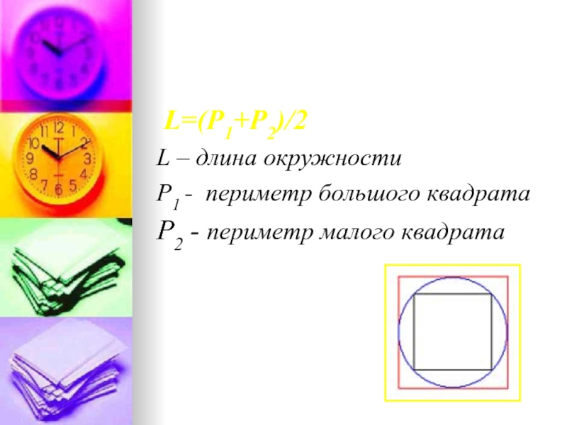 L=(Р1+Р2)/2L – длина окружностиР1 - периметр большого квадратаР2 - периметр малого квадрата