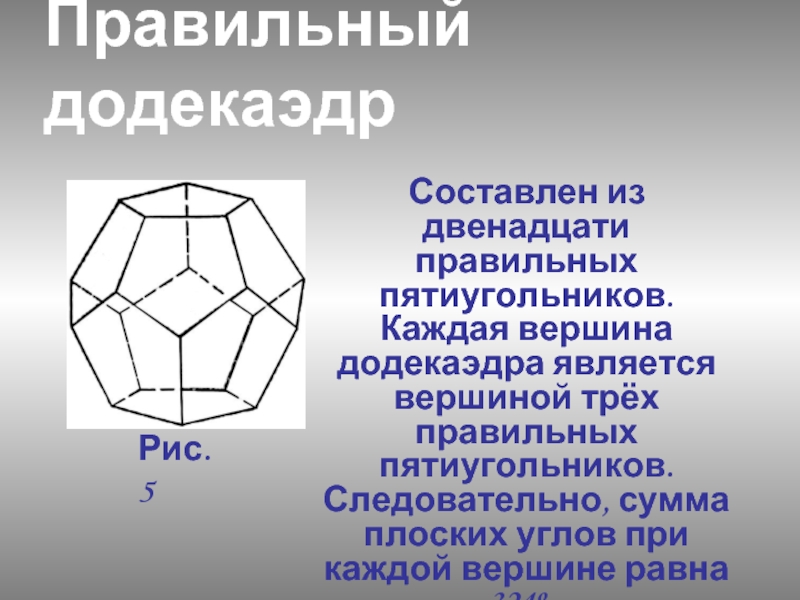 Правильный додекаэдр Составлен из двенадцати правильных пятиугольников. Каждая вершина додекаэдра является вершиной трёх правильных пятиугольников. Следовательно, сумма