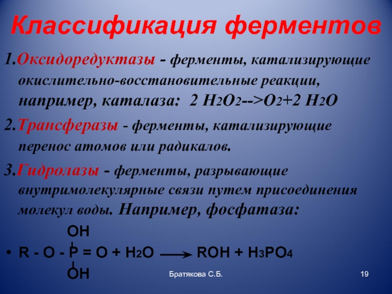 Классификация ферментов1.Оксидоредуктазы - ферменты, катализирующие окислительно-восстановительные реакции, например, каталаза: 2 H2O2-->O2+2 H2O2.Трансферазы - ферменты, катализирующие перенос атомов