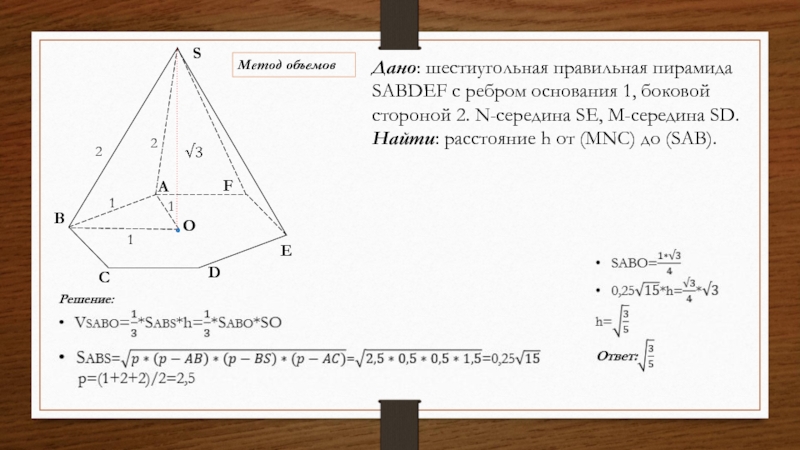Дано: шестиугольная правильная пирамида SABDEF с ребром основания 1, боковой стороной 2. N-середина SE, M-середина SD.Найти: расстояние