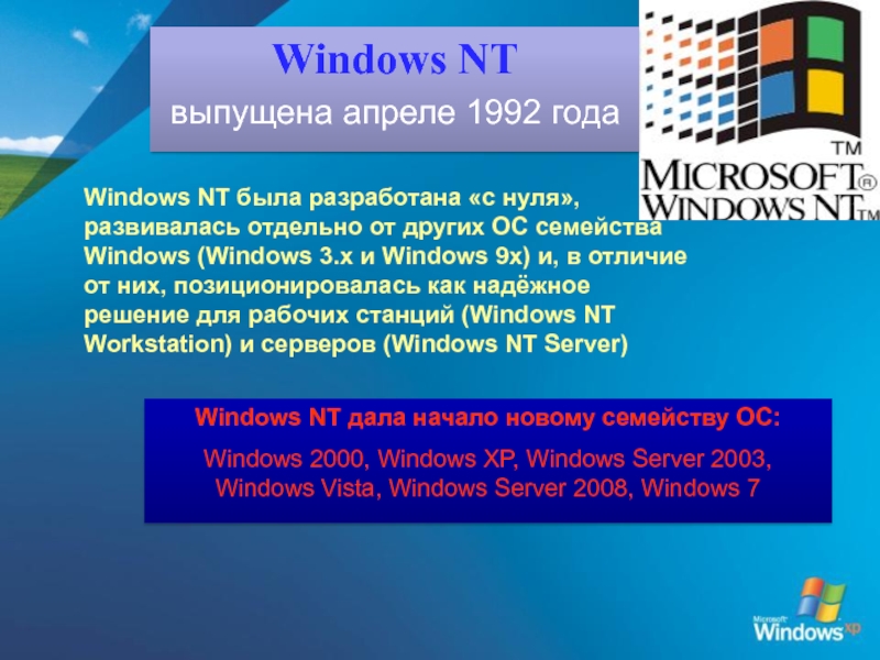 Windows NT была разработана с нуля, развивалась отдельно от других ОС