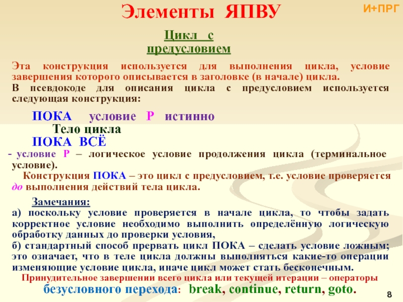 Элементы цикла. Цикл с условием. Условие завершения цикла. Какие элементы входят в структуру ЯПВУ. Восстанови хронологический порядок трансляторы ЯПВУ.