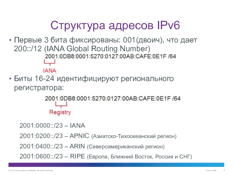 Адресация IPv6 Структура адресов IPv6Первые 3 бита фиксированы: 001(двоич), что дает 200::/12 (IANA Структура адресов IPv6Первые 3 бита фиксированы: 001(двоич), что дает 200::/12 (IANA Global Routing Number)Биты 16-24 идентифицируют регионального