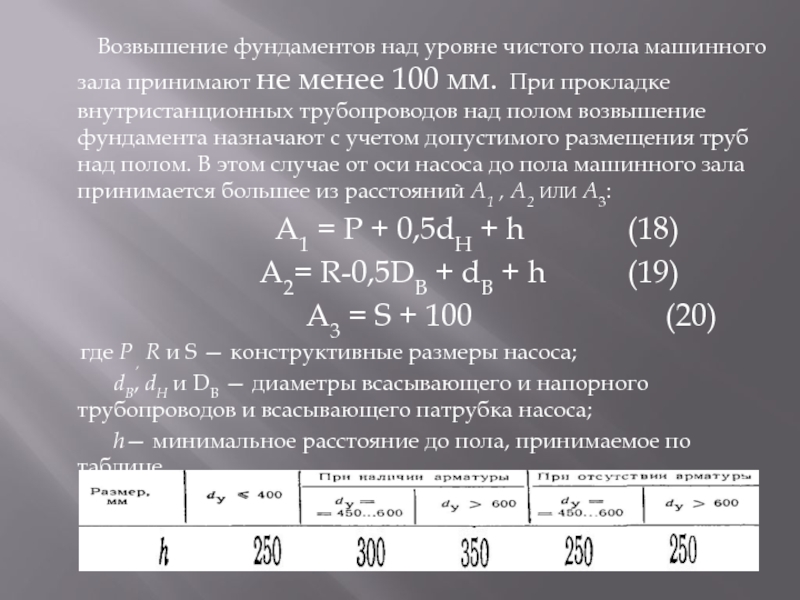 Возвышение фундаментов над уровне чистого пола машинного зала принимают не менее 100