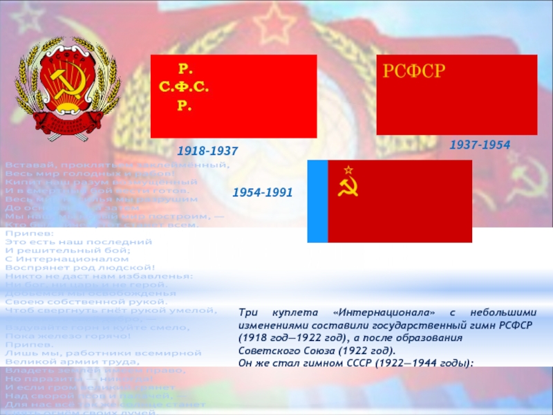 Три куплета «Интернационала» с небольшими изменениями составили государственный гимн РСФСР(1918 год—1922 год), а после образования Советского Союза