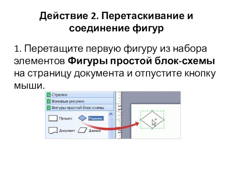 Действие 2. Перетаскивание и соединение фигур1. Перетащите первую фигуру из набора элементов Фигуры простой блок-схемы на страницу