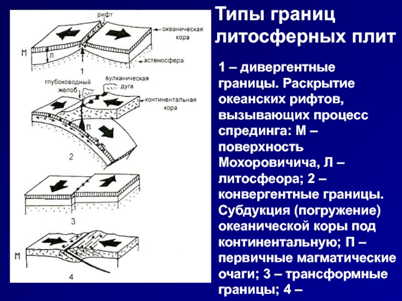 На рисунке показаны процессы происходящие на границе двух литосферных плит