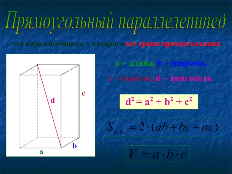 Прямоугольный параллелепипед– это параллелепипед, у которого все грани прямоугольники.аbca – длина, b – ширина, с – высота,