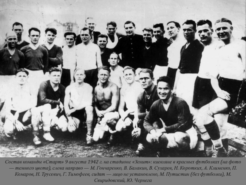 Состав команды «Старт» 9 августа 1942 г. на стадионе «Зенит»: киевляне в красных футболках (на фото —