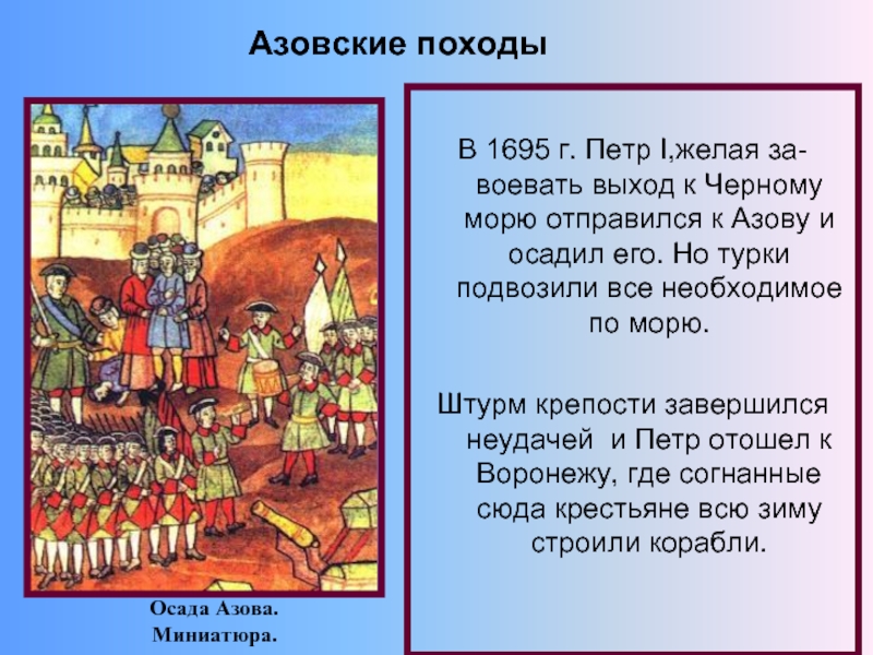 Азовские походы презентация. Петр 1 выход к черному морю. Азовские походы Петра 1 события. Борьба за выход к черному морю при Петре 1. Азовские походы основные события.