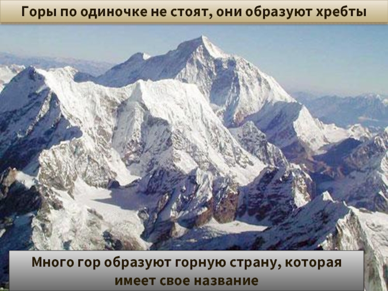 Горы по одиночке не стоят, они образуют хребтыМного гор образуют горную страну, которая имеет свое название