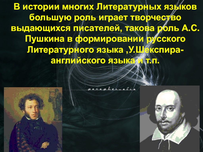В истории многих Литературных языков большую роль играет творчество выдающихся писателей, такова роль А.С.Пушкина в