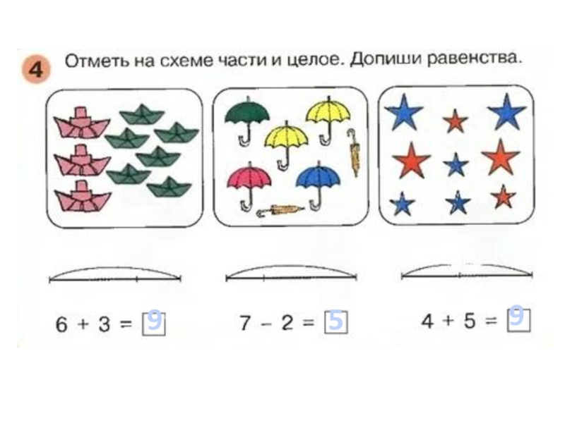 Отметь равенства. Отметь на схеме части и целое допиши равенства. Допиши равенства. Найди части и целое допиши равенства. Заполни схемы и допиши равенства.