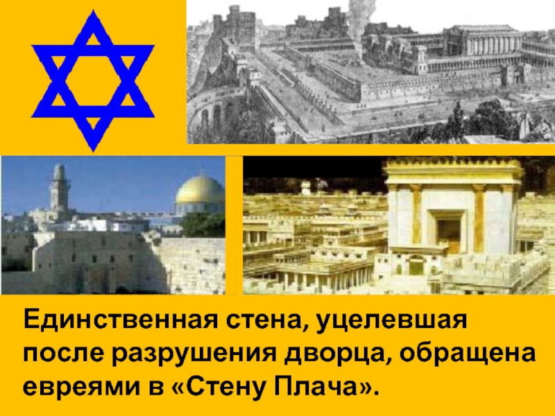 Единственная стена, уцелевшая после разрушения дворца, обращена евреями в «Стену Плача».