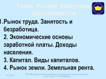 Тема: Рынок факторов производства
Рынок труда. Занятость и безработица. 2