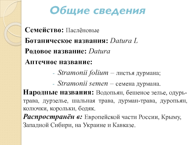 Общие сведенияСемейство: ПаслёновыеБотаническое названия: Datura LРодовое название: DaturaАптечное название:Stramonii folium – листья дурмана; Stramonii semen – семена