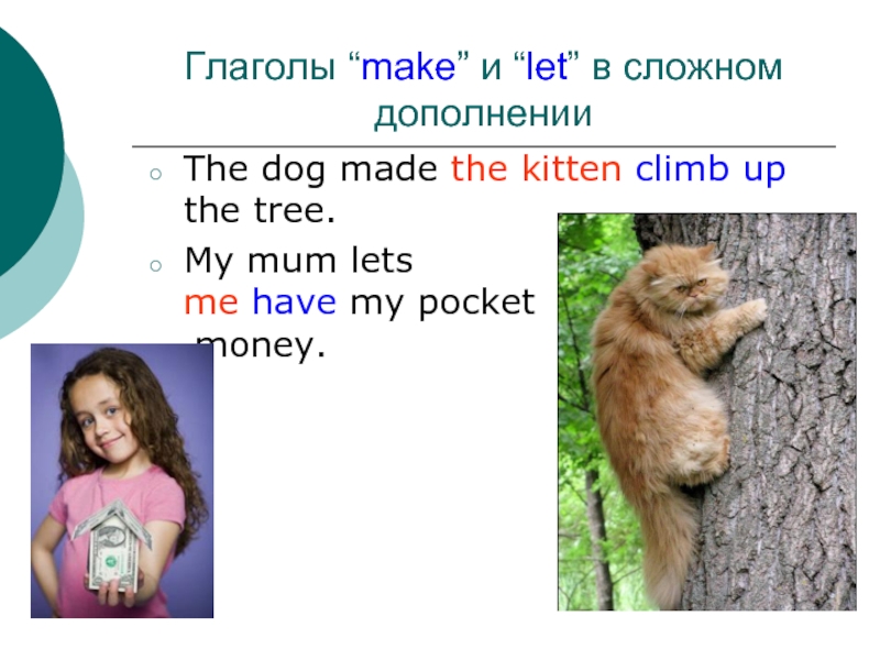 Глаголы “make” и “let” в сложном дополненииThe dog made the kitten climb up the tree.My mum lets