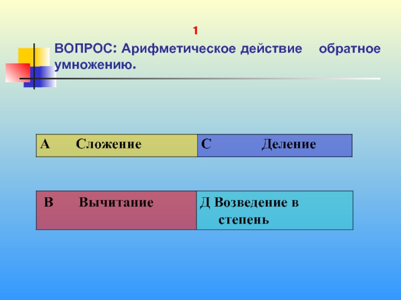 Обратное действие. Арифметическое действие обратное умножению. Арифметический вопрос. Возведение в степень это арифметическое действие. 1. Действие, обратное умножению..