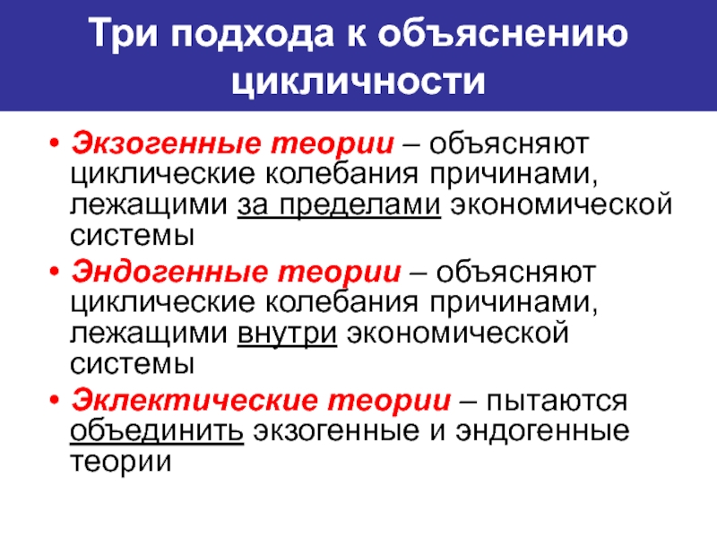 Циклы экономической науки. Три подхода к объяснению цикличности. Эндогенные и экзогенные теории экономического цикла. Экзогенный подход к объяснению цикличности. Эндогенные и экзогенные причины экономических циклов.