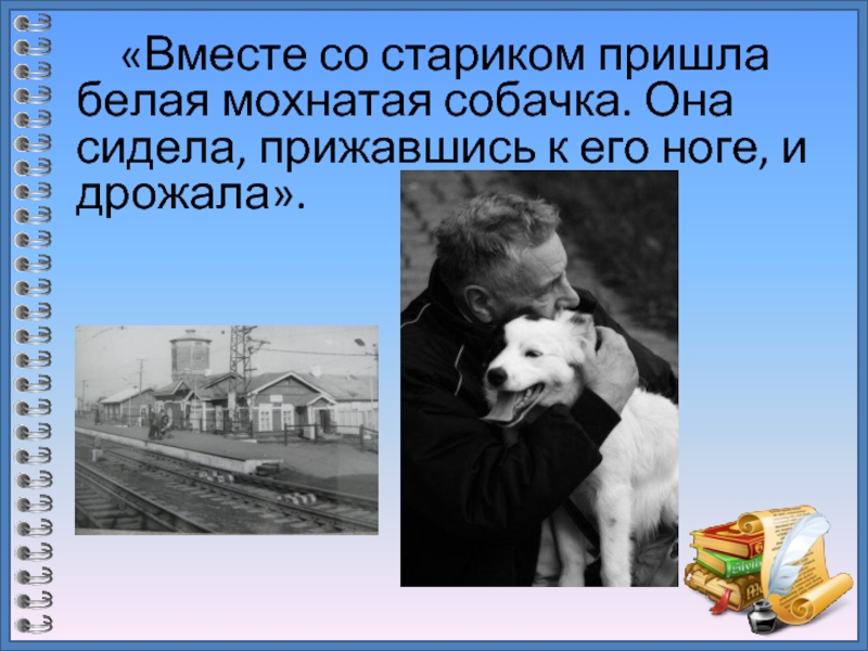 «Вместе со стариком пришла белая мохнатая собачка. Она сидела, прижавшись к его ноге, и дрожала».