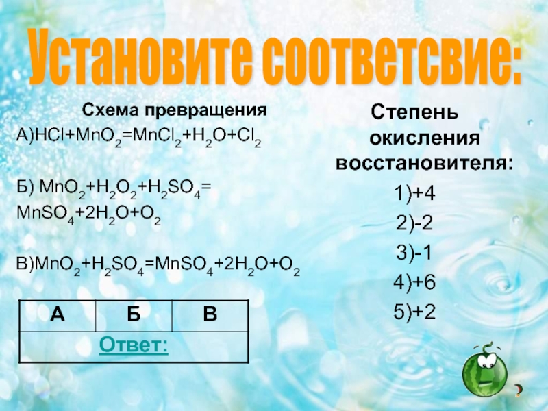 Установите соответствие между схемой превращения и изменением степени окисления хлора