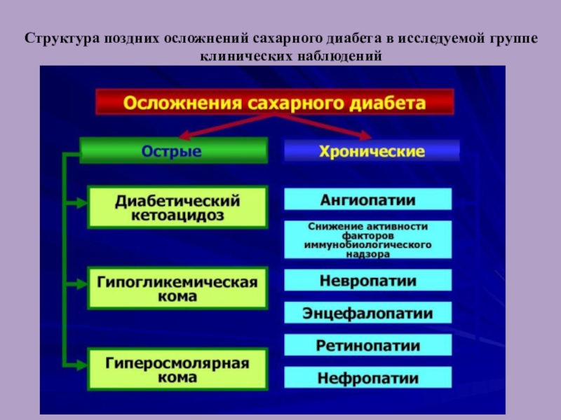 СЕСТРИНСКИЕ ВМЕШАТЕЛЬСТВА ПРИ ОСЛОЖНЕНИЯХ САХАРНОГО ДИАБЕТА Структура поздних осложнений сахарного диабета в исследуемой группе клинических наблюдений Структура поздних осложнений сахарного диабета в исследуемой группе клинических наблюдений