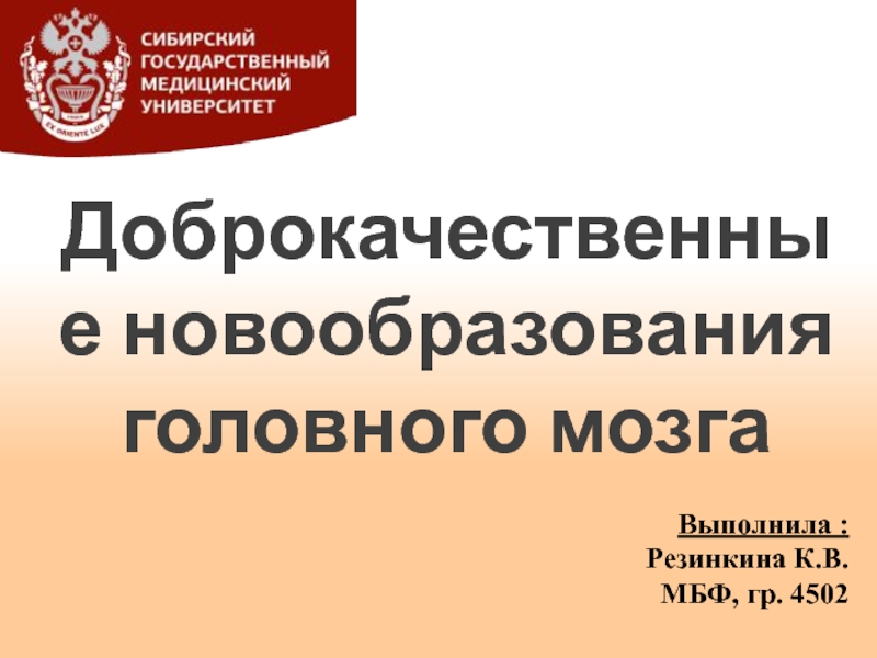 Презентация Доброкачественные новообразования головного мозга
Выполнила :
Резинкина