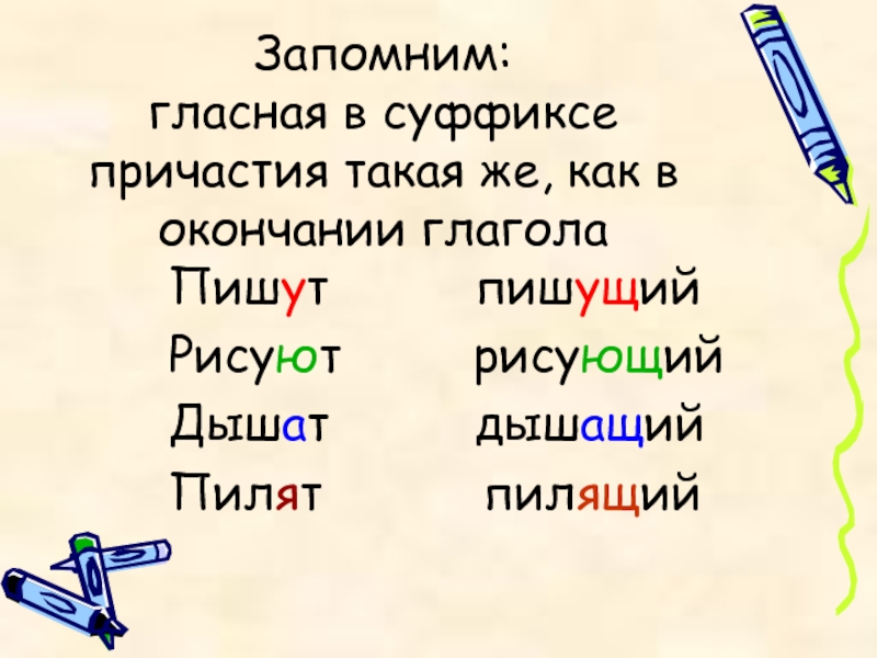 Гласные в суффиксах причастий. Гласная в суффиксе причастий. Гласный в суффиксах причастий.