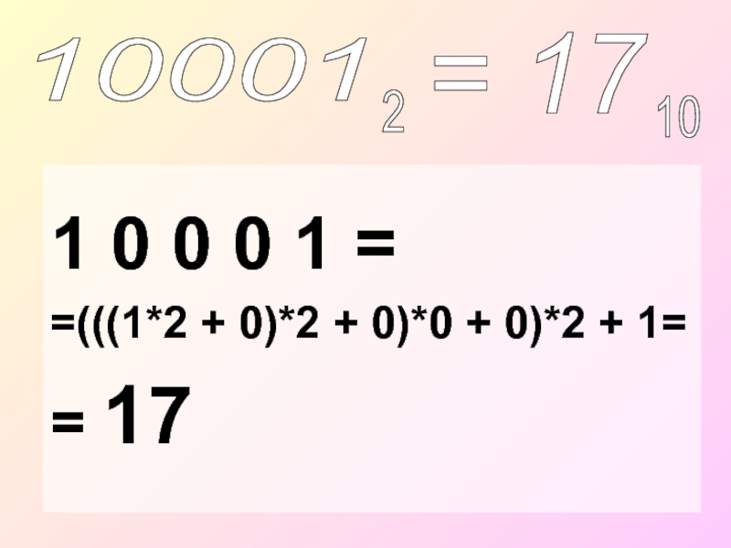 1 0 0 0 1 ==(((1*2 + 0)*2 + 0)*0 + 0)*2 + 1== 1710001= 17210