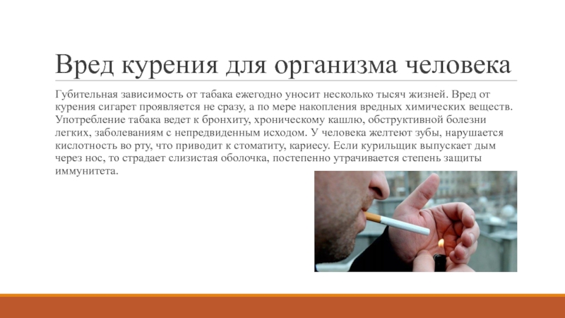 Вред курения для организма человекаГубительная зависимость от табака ежегодно уносит несколько тысяч жизней. Вред от курения сигарет