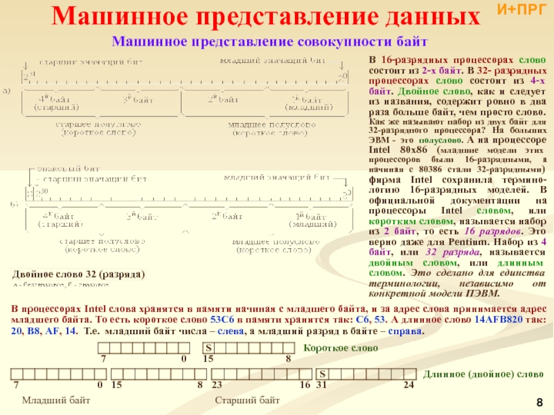 Слово представление. Машинное представление чисел. Старший байт и младший байт. Машинные Форматы представления вещественных данных. Машинное представление вещественных чисел.