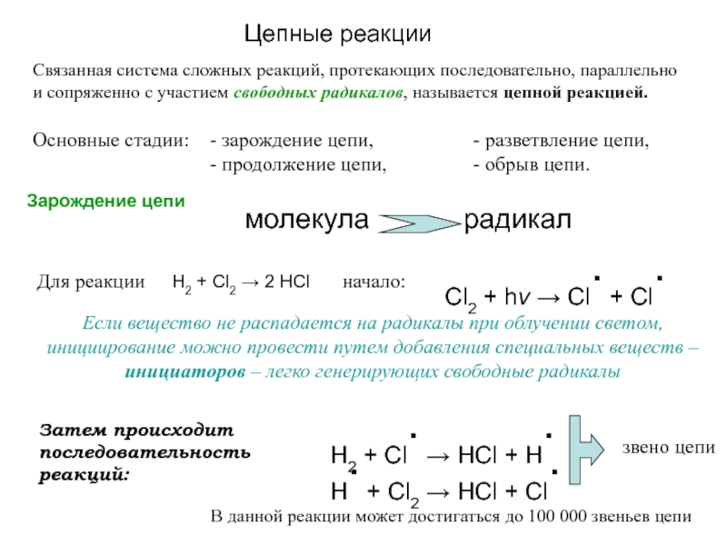 Участвуют в свободном. Стадии цепной реакции. Цепные реакции в химии. Зарождение цепи химия. Реакции протекающие с участием свободных радикалов.