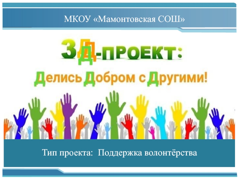 Презентация Проект
Тип проекта: Поддержка волонтёрства
МКОУ Мамонтовская СОШ