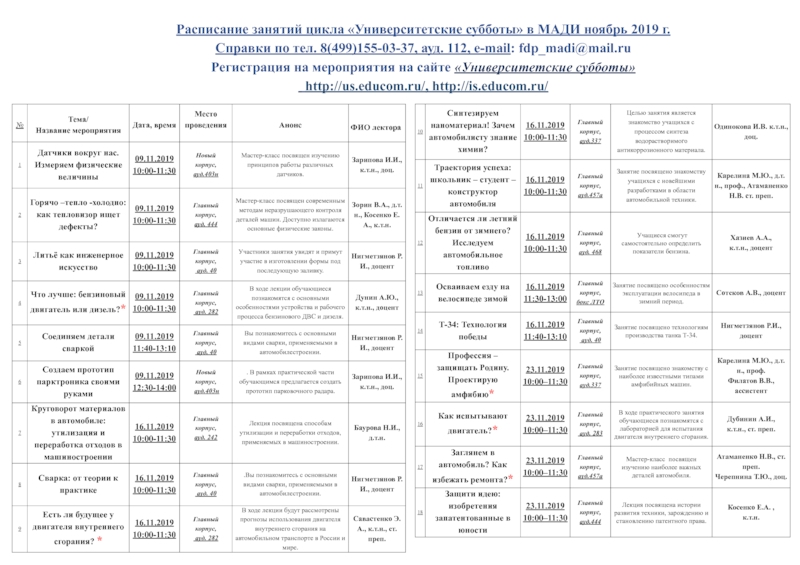 Презентация Расписание занятий цикла Университетские субботы в МАДИ н оябрь 2019