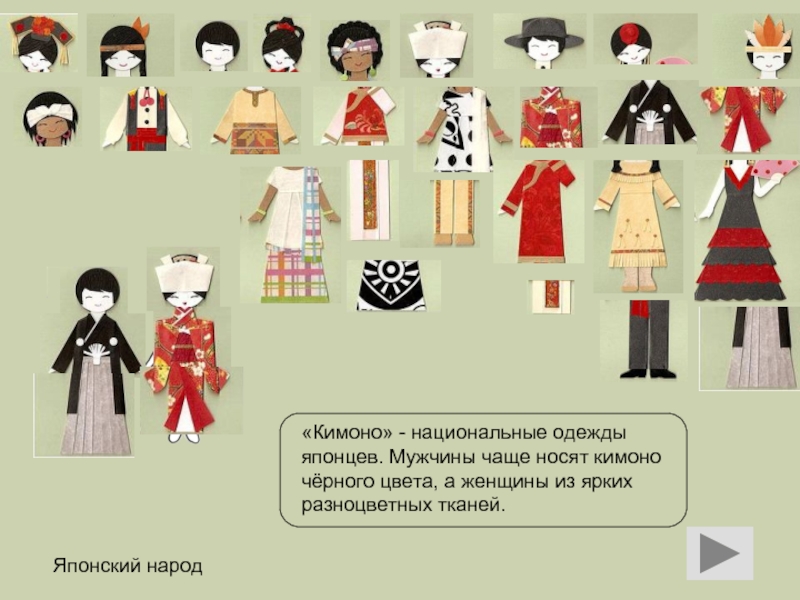 Японский народ«Кимоно» - национальные одежды японцев. Мужчины чаще носят кимоно чёрного цвета, а женщины из ярких разноцветных
