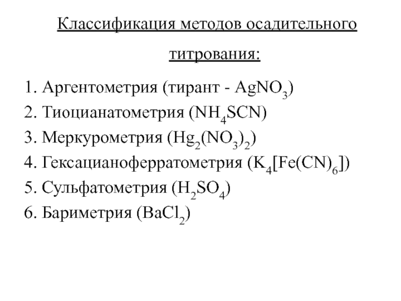 Классификация методов осадительного титрования:1. Аргентометрия (тирант - AgNO3)2. Тиоцианатометрия (NH4SCN)3. Меркурометрия (Hg2(NO3)2)4. Гексацианоферратометрия (K4[Fe(CN)6])5. Сульфатометрия (H2SO4)6. Бариметрия