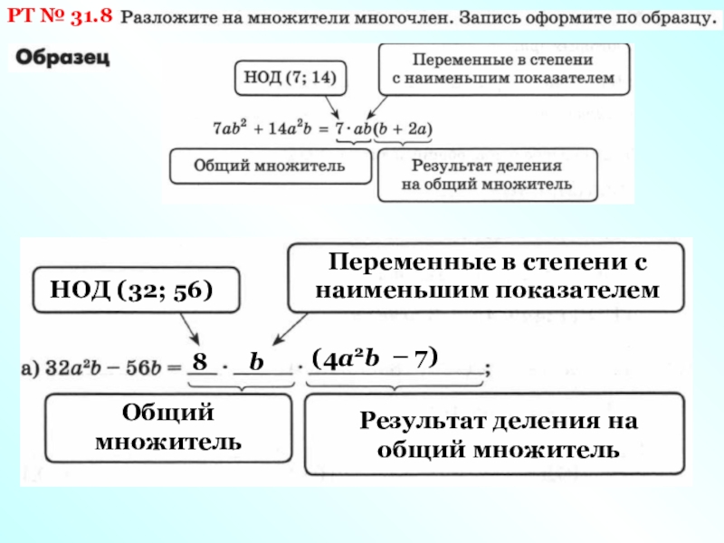 Аналитический множитель. Задачи с переменными степенями. Общий множитель 13 и 15. Примеры деления со степенями 7 класс.