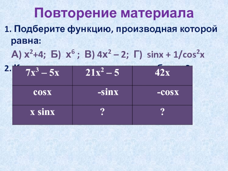 Повторение материала 1. Подберите функцию, производная которой равна:   А) х2+4; Б) х6 ; В) 4х2