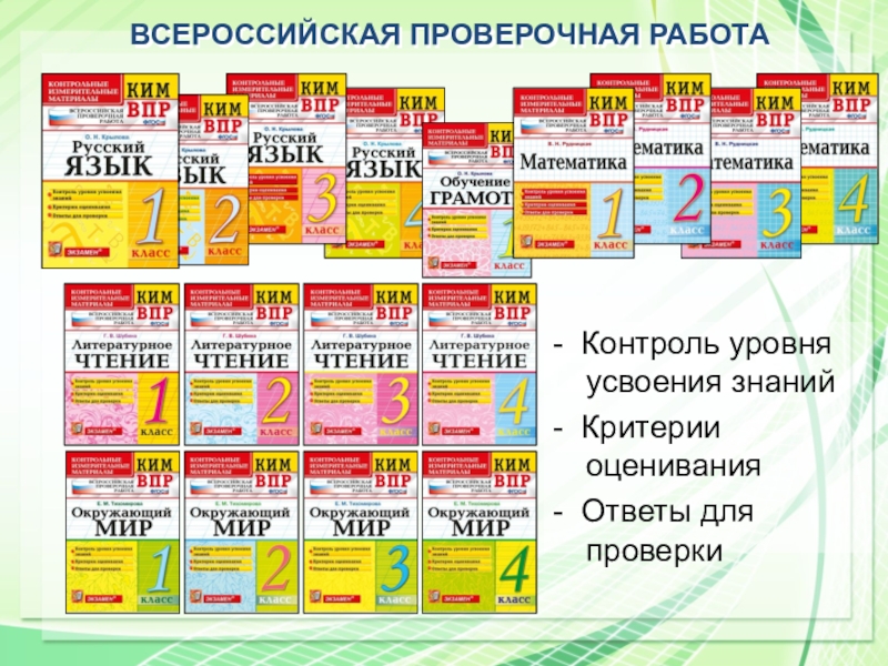 - Контроль уровня  усвоения знаний - Критерии оценивания- Ответы для проверкиВсероссийская проверочная работа